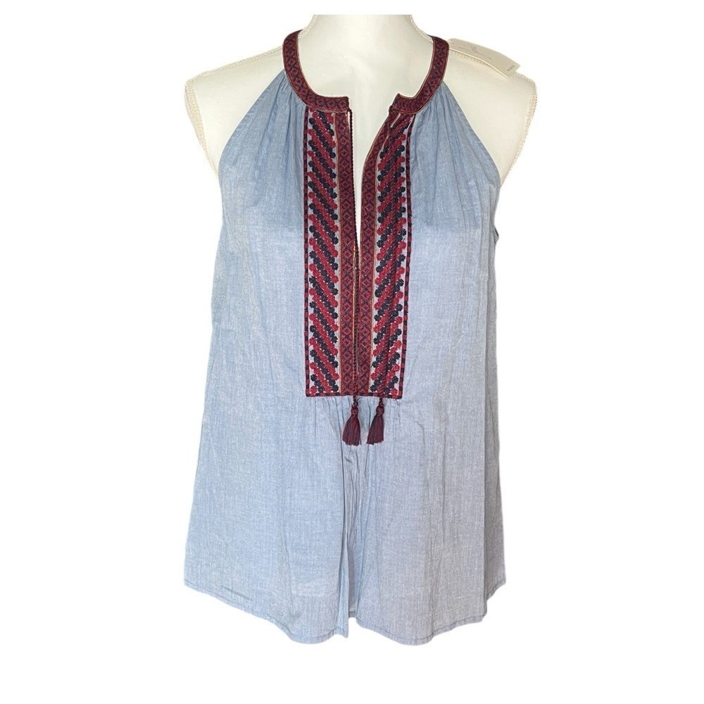 Women's Joie Blue and White Tie Front Embellished Tunic Boho NWT